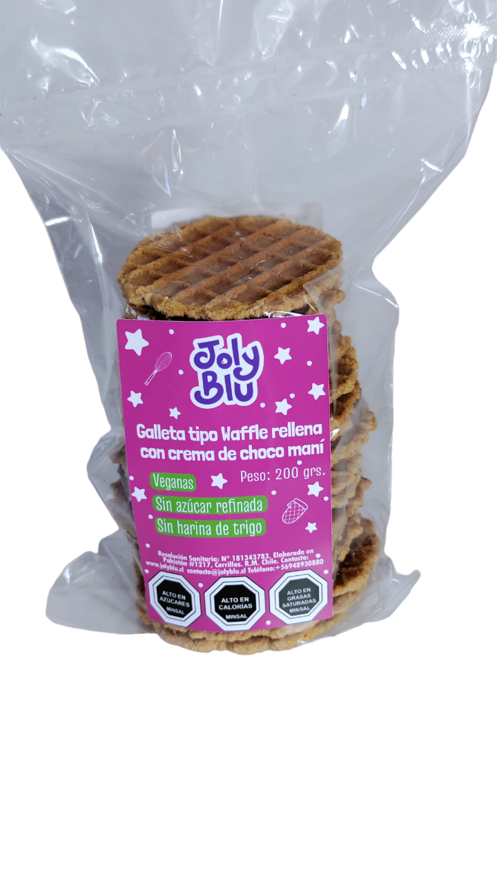 Galletas tipo waffles rellenas con crema de choco maní 200 gramos